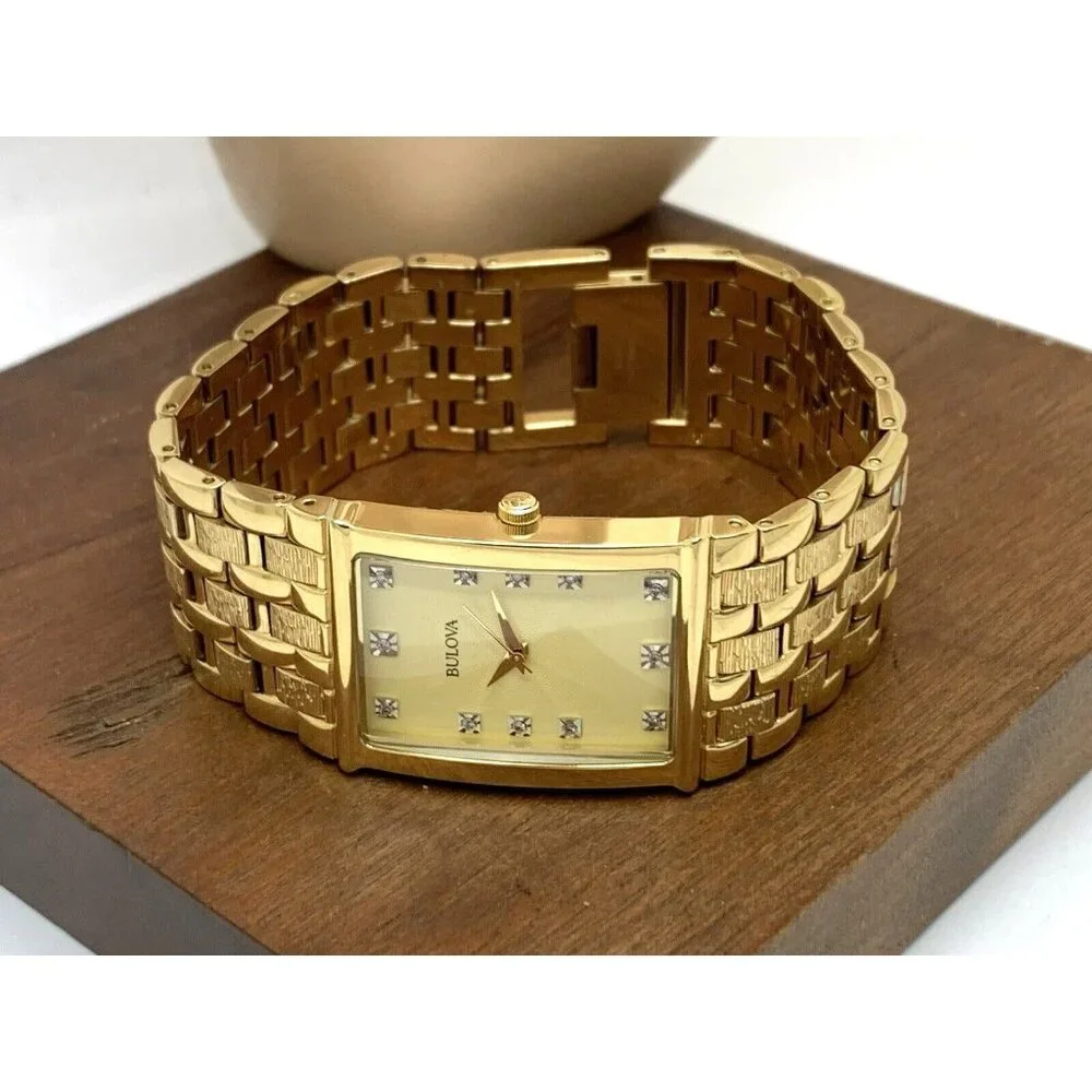 Bulova Men's Watch 97F52 Quartz Diamond Dial Gold Tone Stainless Steel Wide Band